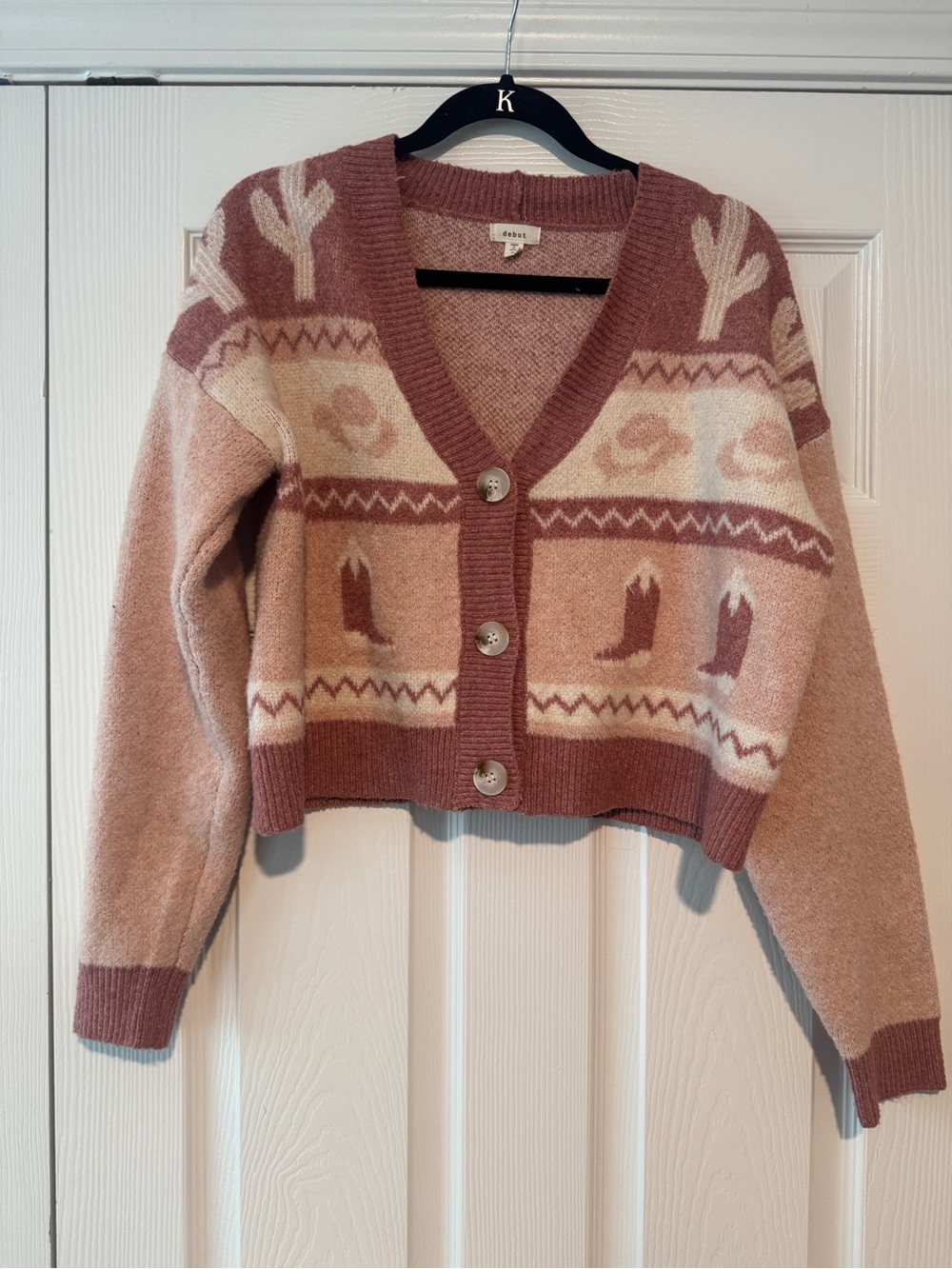 Dusty Pink & Cream Patterned V‑Neck Button Cardigan